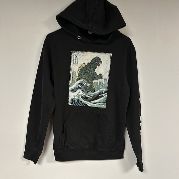 Godzilla Woodcut Emerges From Tsunami Hooded Sweatshirt ocean, S - Picture 2 of 6